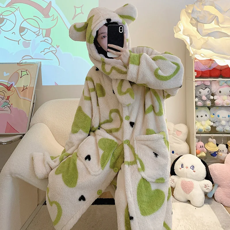 Coral Fleece  Print Nightgown Women Autumn and Winter New Fleece-lined Thickened Cute Hood Long Pajamas Home Wear Set