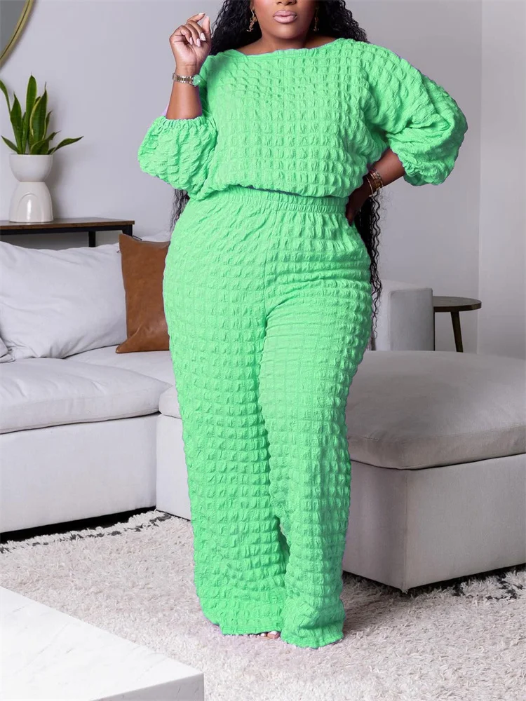 Wmstar Plus Size Two Piece Sets Women Fall Clothing Solid Long Sleeve Tops and Solid Pants Wide Leg New Wholesale Dropshopping