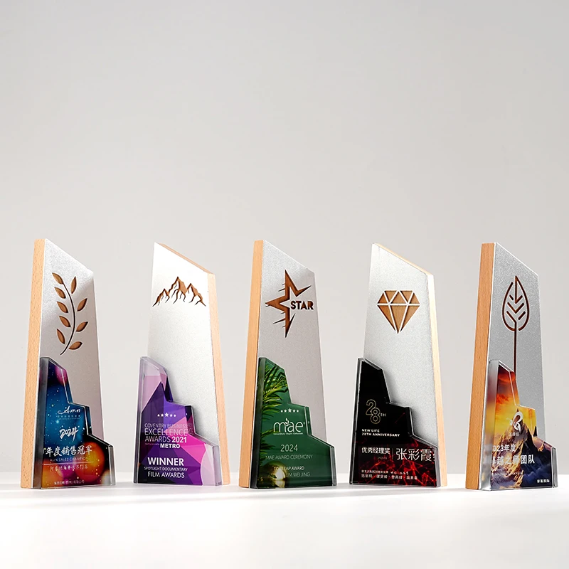 Customized Creative Metal Beech Wood Crystal Trophy, Competition Awards Souvenir, Home Decorations, Outstanding Staff Medal, 1Pc