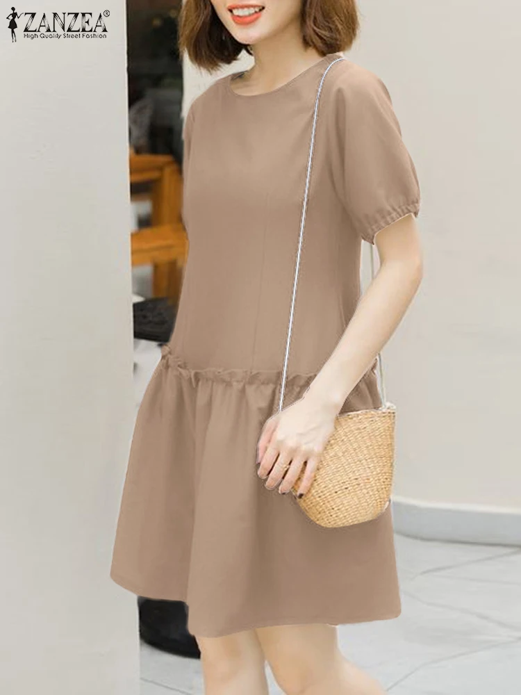 

ZANZEA O Neck Casual Doll Vestidos 2024 Summer Women Ruffled Hem Fashion Sundress Solid Holiday Short Puff Sleeve Mini Dress
