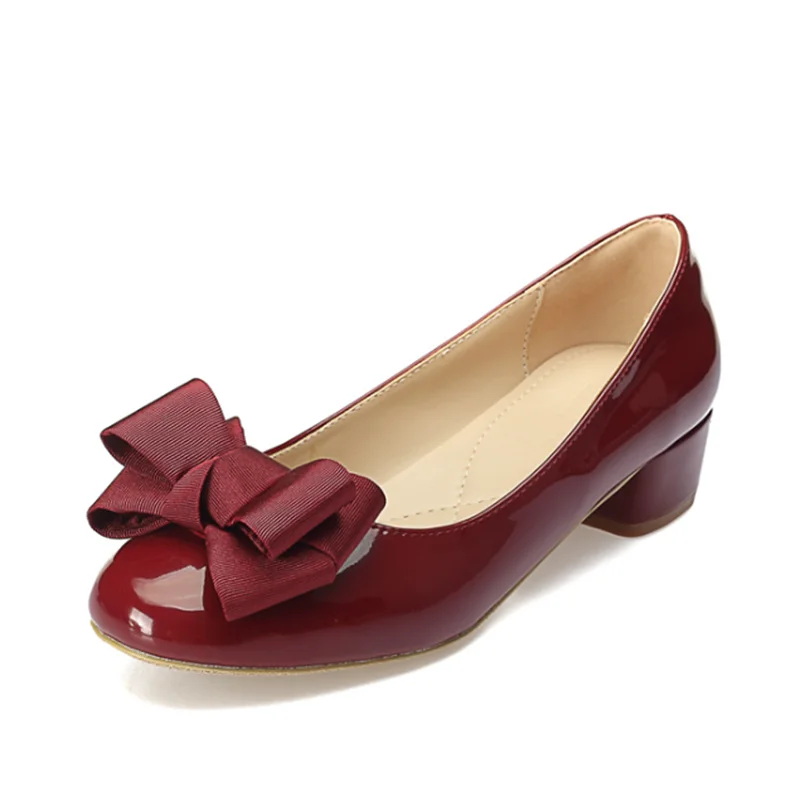 

Women Mid Heel Shoes Office Lady Pumps PU Leather Black Basic Square Heeled Spring Autumn Bow Loafers Red Wedding Female Zapatos