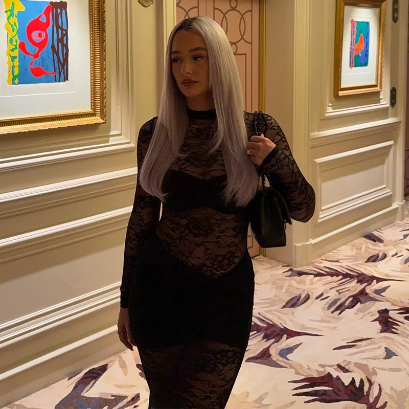 Vestidos largos sexis de encaje con retazos para mujer, vestido de fiesta ajustado con cuello alto y aberturas, vestido transparente ajustado para primavera 2025, nuevo