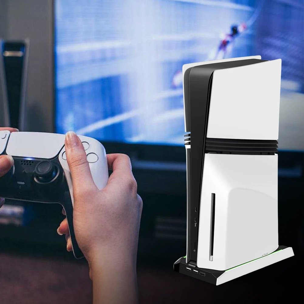 PS5 슬림/PS5 프로 RGB 수직 쿨링 스탠드 베이스 (3개 USB 2.0 포트, 8가지 조명 모드 포함)  플레이스테이션 5 게임 액세서리