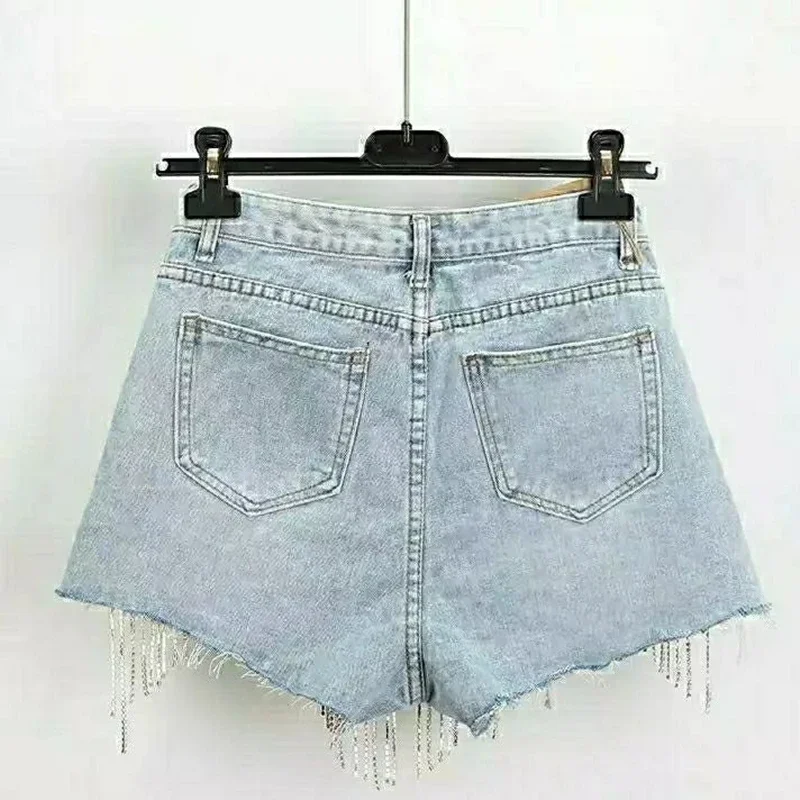 Summer Ripped Jeans Short Femme High Waist Diamond Tassel Casual Bottoms For Ladies Denim Shorts Women Clothing Fashion