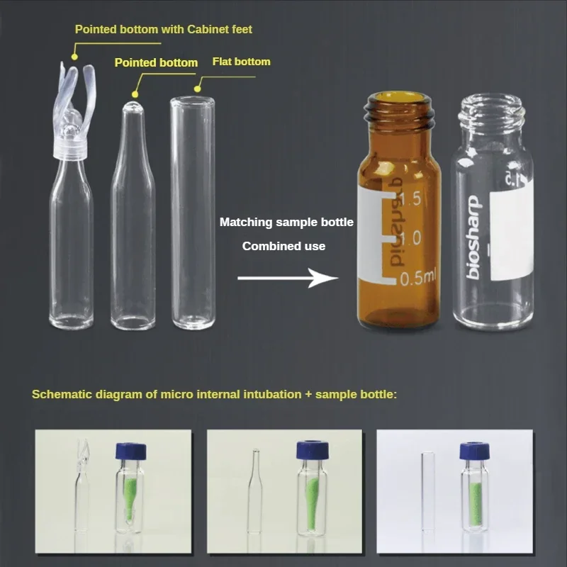 100pcs Biosharp Laboratory Vials Micro Insert Conical Bottles Flat Cannula Conical Bottles for Injection Vial
