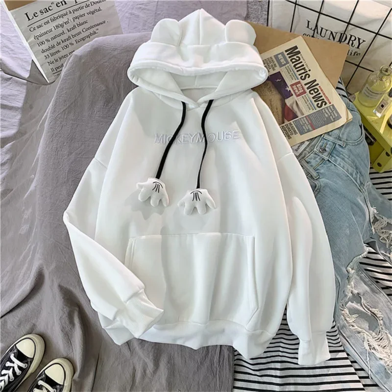 Women Solid Color Casual Loose Winter Hoodies Tops 2023 Animal Ear Street Style Sweatshirt Female College Plush Pullover Autumn