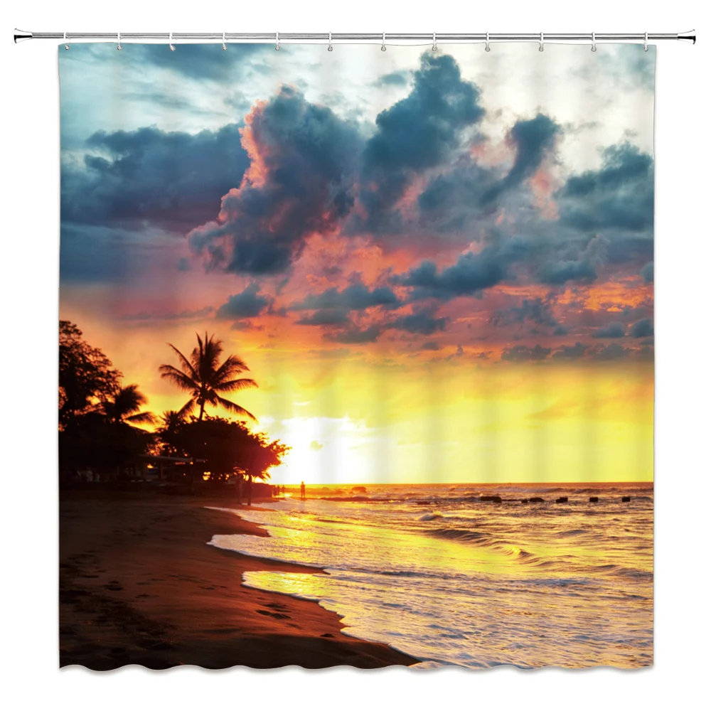 

Dusk Sunset Seaside Beach Shower Curtain Palm Tree Ocean Scenery Nordic Style Decor Waterproof Fabric Bath Curtains with Hooks