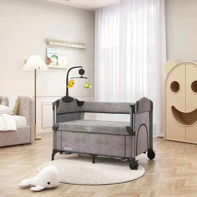 Baby Crib Multifunctional Simple with Mosquito Net Foldable Removable Children's Patchwork Playpen Bedside Crib with Toys 2