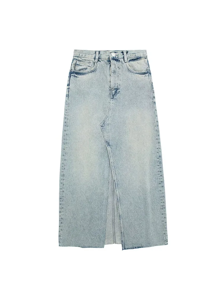 

Women 2023 Spring New Chic Fashion Denim Midi Skirt Vintage High Waist Front Slit Pockets Female Skirts Mujer