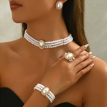 Stylish, simple women's Necklace, Earrings Bracelet Set, Niche Multi-layer Diamond-set Pearl Collarbone Chain, Versatile Jewelry