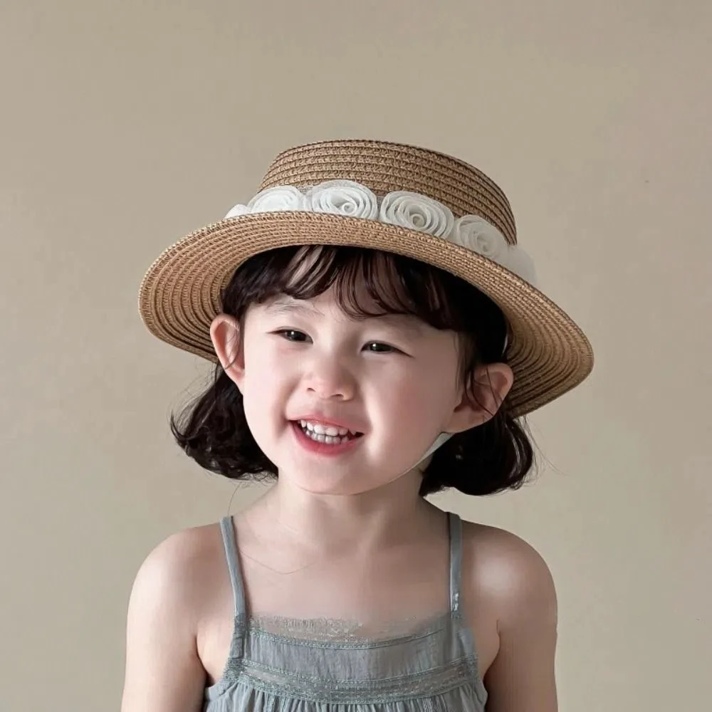 Trendy Summer Baby Straw Caps French Vacation Flower Lace Straw Hat Beach Travel Children Sun Hat for
