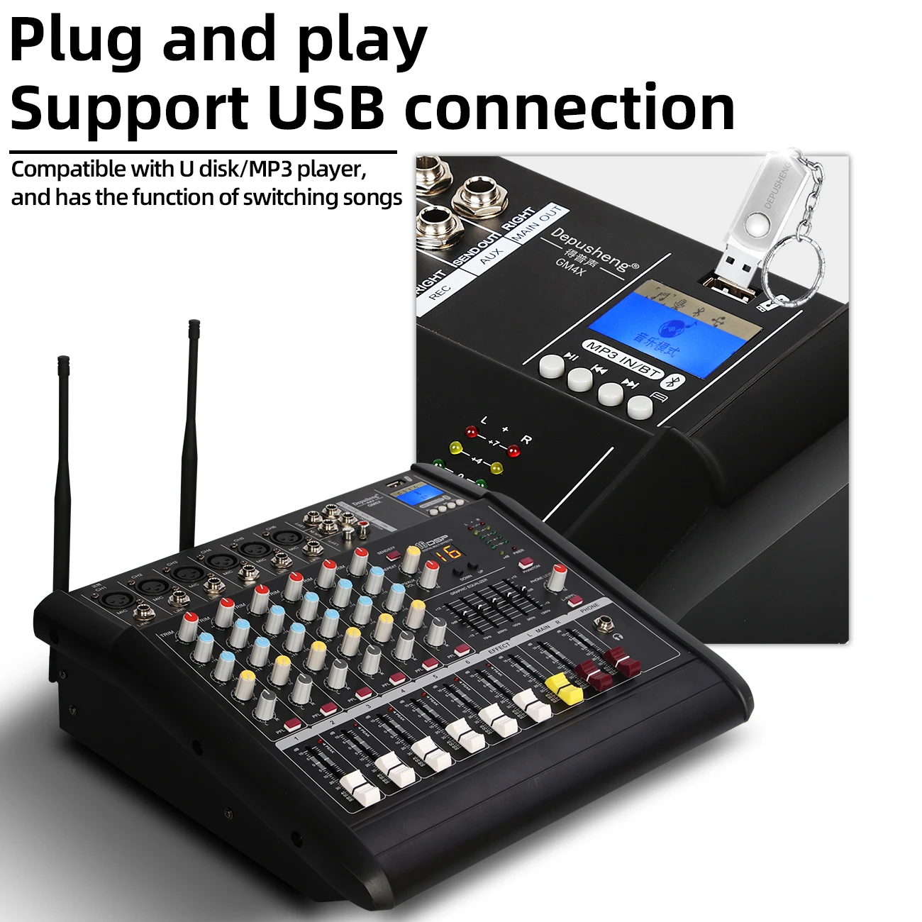 Depusheng 450 Watt GM6X-4H High Quality 6 Channel USB Digital DJ Amplifier Audio Mixer with 4 Wireless Microphones