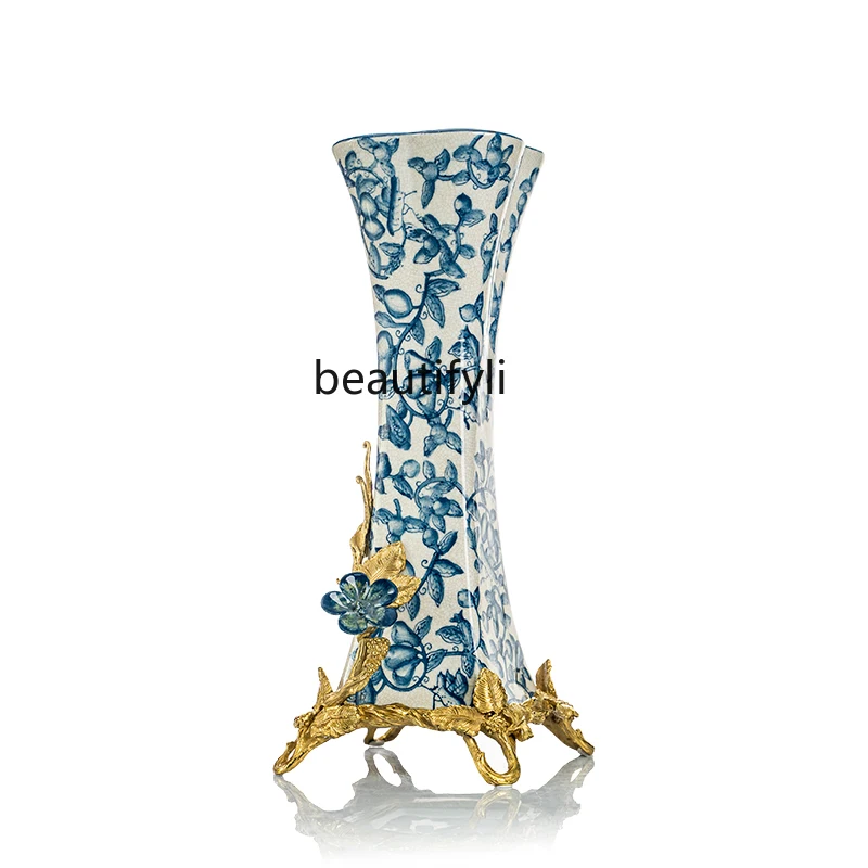 

New Chinese Style Ceramic Inlaid Copper Vase High-End Luxury Living Room Entrance Model Room Creative Home Decorations