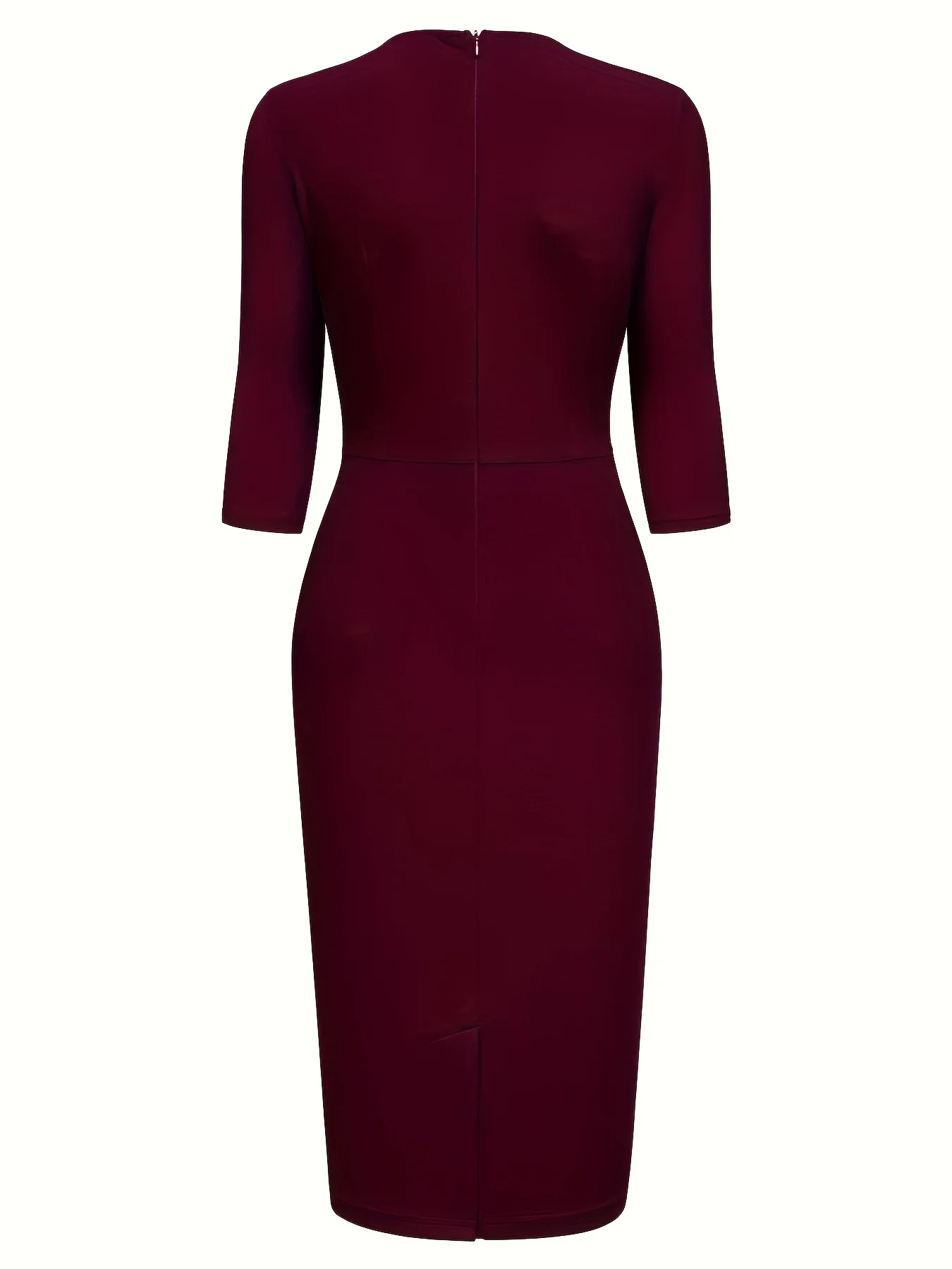 Womens Elegant Round Neck 2/3 Sleeve Work Office Knee Length Solid Business Casual Party Ruched Pencil Bodycon Sheath Dress