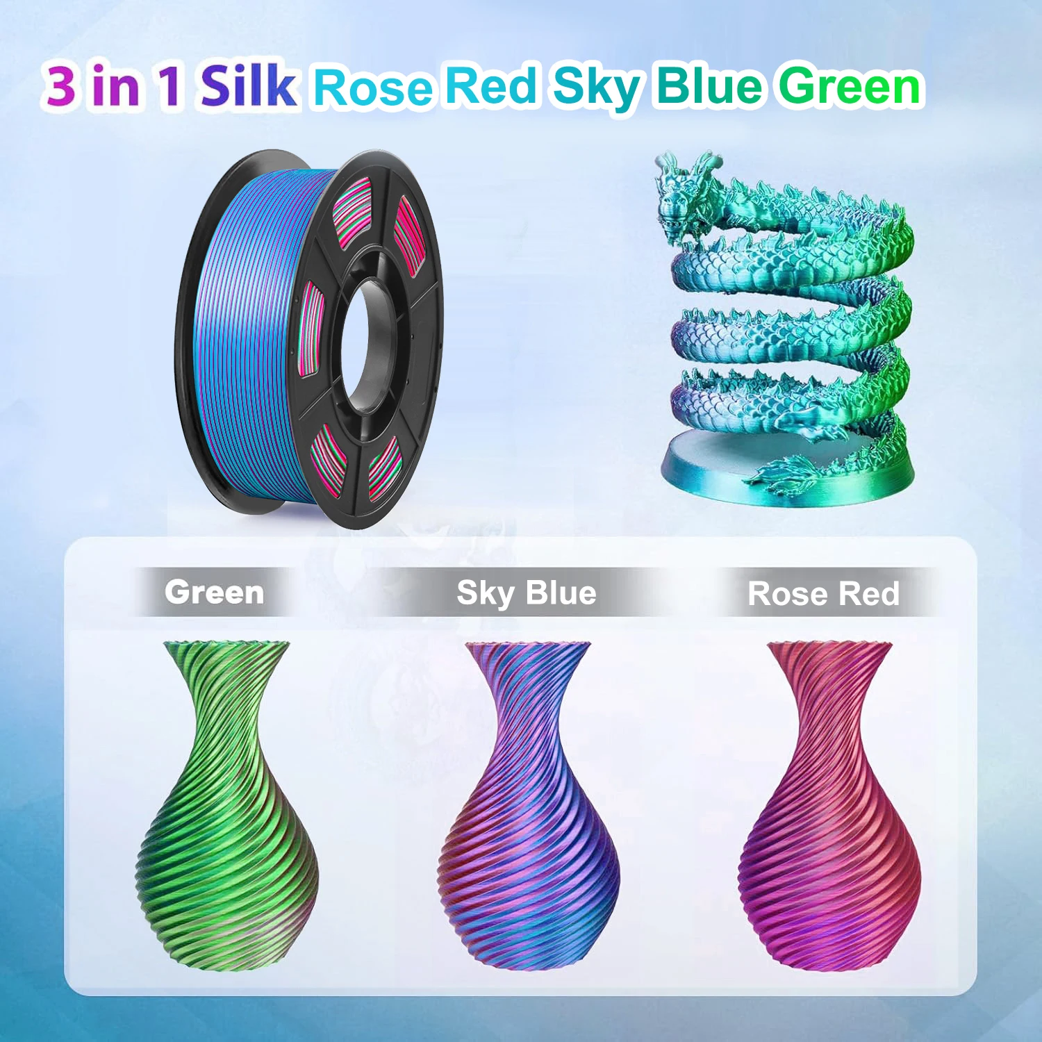 다색 3D 프린터 필라멘트, 듀얼/트리 컬러 1.75mm PLA 실크 광택 인쇄 필라멘트, 250g(0.55lbs) 대부분의 FDM 3D 프린터에 호환 가능