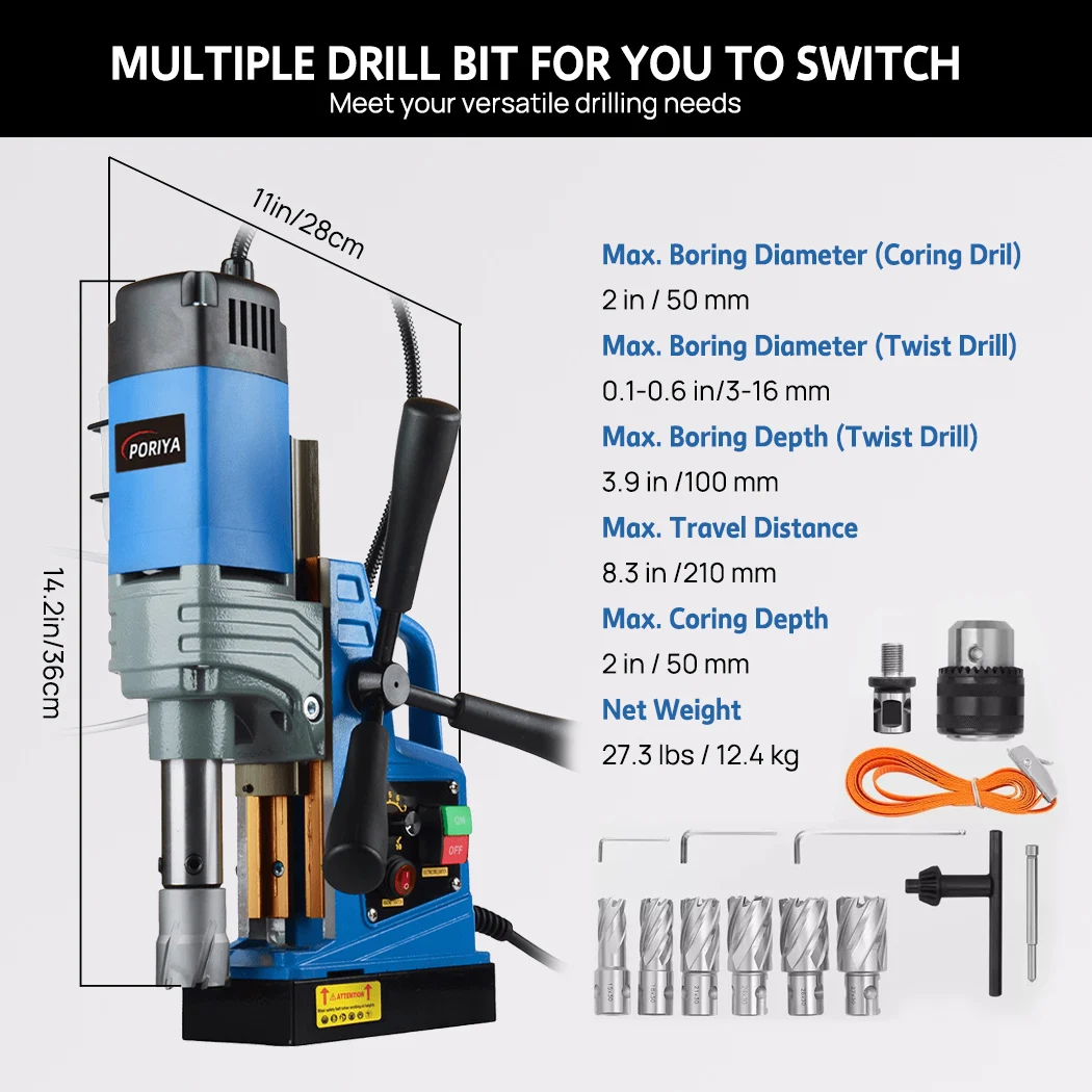 PORIYA Magnetic Drill 1550W 2922lbf/13000N Portable Mag Drill Press 500RPM 6 Bits Blue - 2