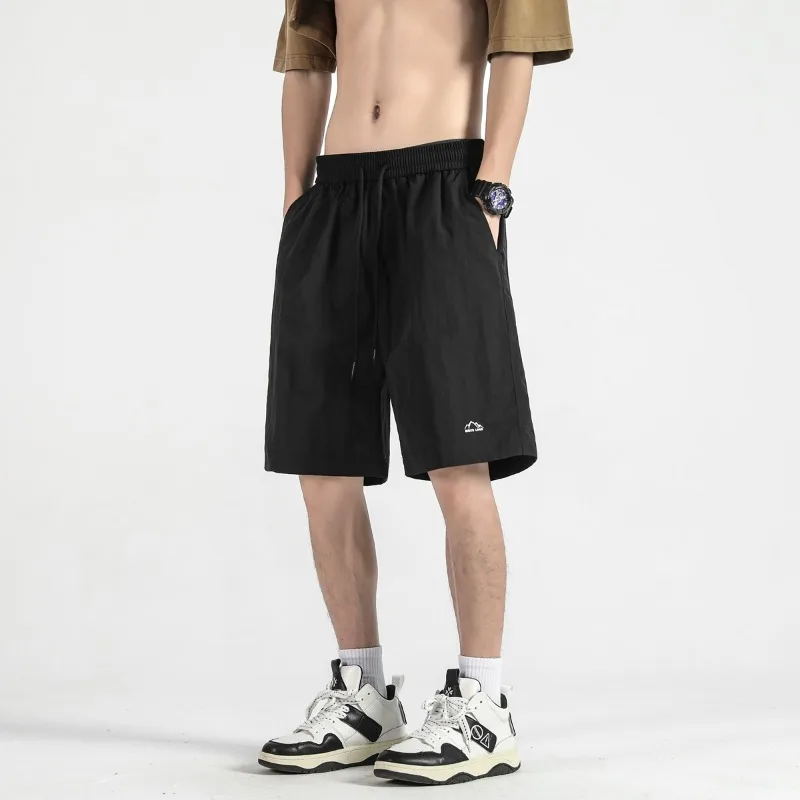 Summer Men's Solid Pockets Elastic Shirring High Waisted Bandage Sports Casual Loose Wide Leg Trousers Preppy Style Shorts