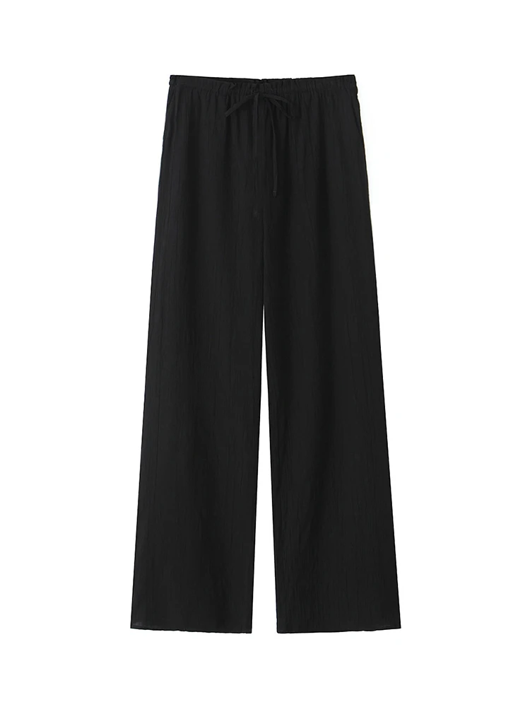 Willshela Women Fashion Solid Texture Drawstring Straight Pants Vintage High Elastic Waist Full Length Female Chic Lady Trousers