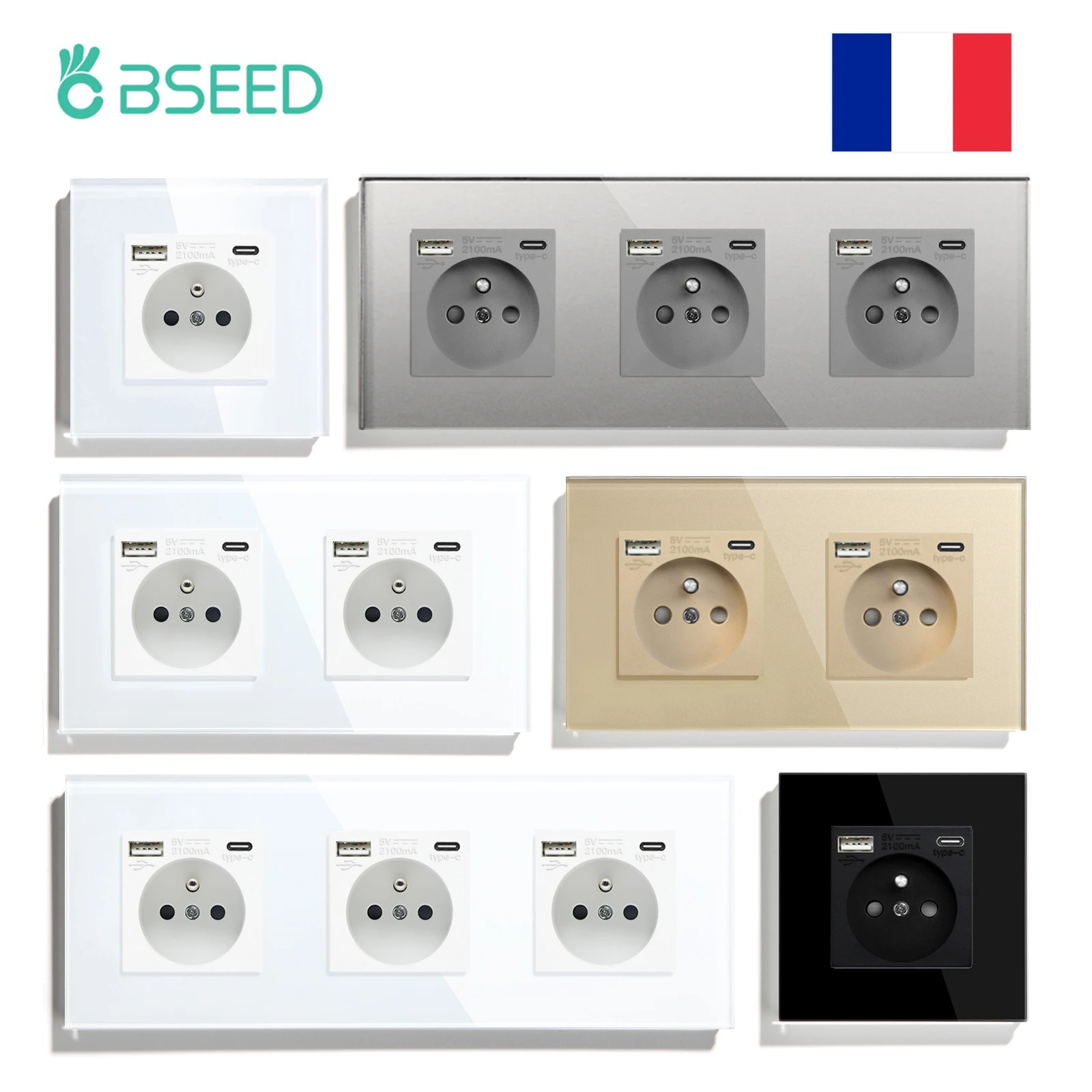 Bseed-tomada Francesa Usb Tipo-c Carga do Telefone Tomada de Parede Tripla Vidro Parede Montada Tomada Dupla 16a