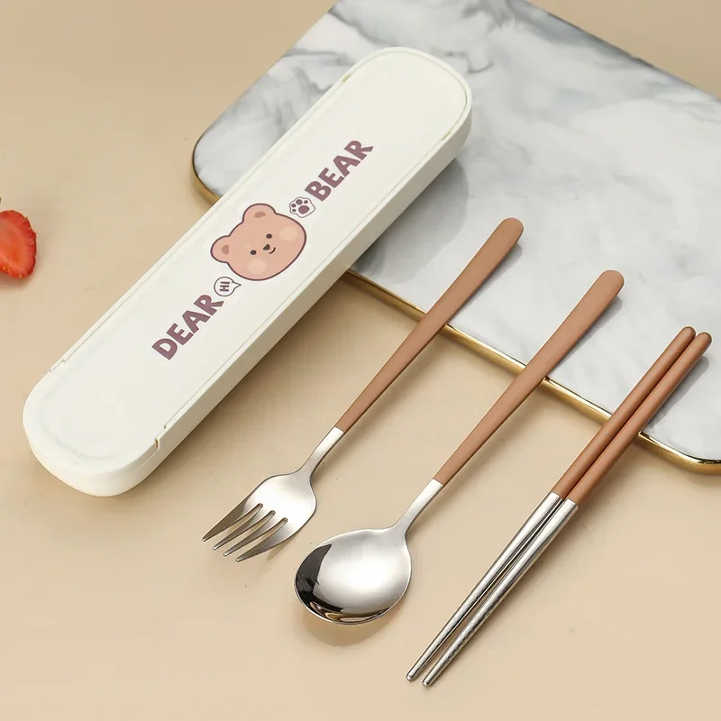 304 Stainless Steel Cartoon Cutlery Set with Case Kids Fork Spoon Portable Cutlery Travel Tableware Reusable Flatware
