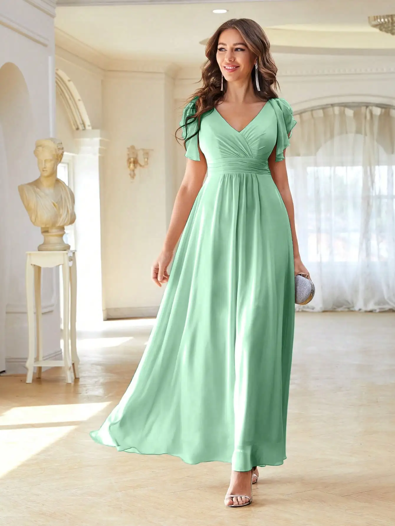 Unithorse Solid Ruffle Trim Chiffon Bridesmaid Dress