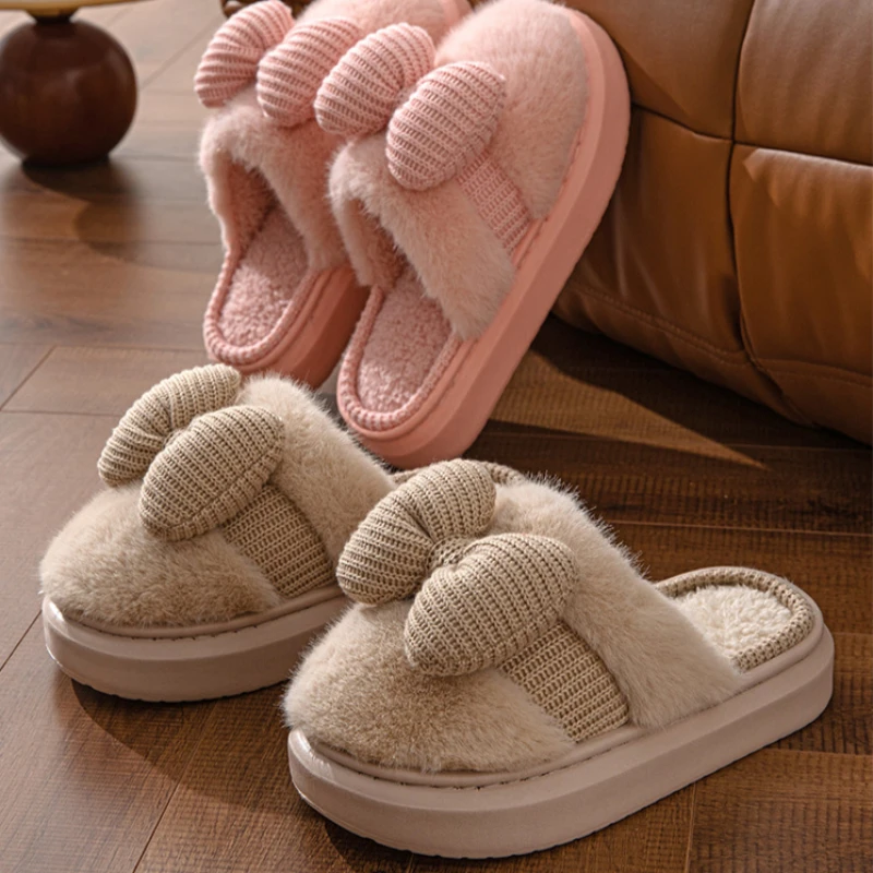 Women Fashion Plush Warm Bows Cotton Slippers Couple Winter New Thick Soft Sole Slides Men Indoor Floor Flat Home Non-slip Shoes 6