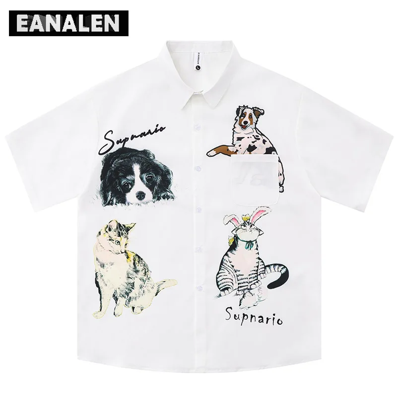 

Harajuku Vintage apricot White Cute Dog Graphic Short Sleeve Shirt Men's Street Oversized Casual Campus Boyfriend Style Women