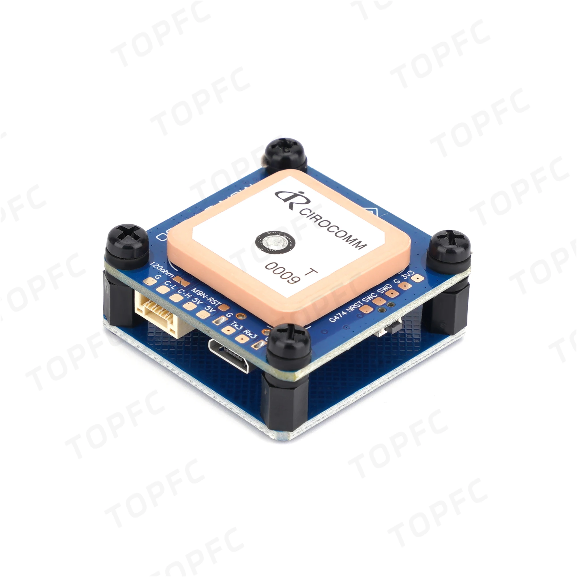 Module GNSS M9N-G4-3100 avec boussole RM3100 et interface CAN pour drone, connecté à un contrôleur de vol via câble DroneCAN.