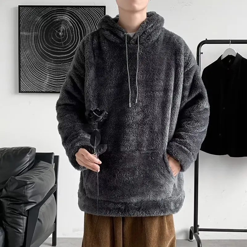 

Oversize Hooded Sweatshirt Lamb Long Sleeve Men's Sweatshirt Korean Winter Fashion Fleece Hoodies Streetwear Harajuku Pullover