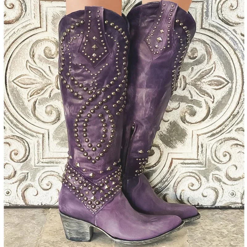 

Fashion Rivet Purple Western Boots Women Boots Size 43 Chunky Heel Cowgirl Boots 2024 Knee High Boots For Female Shoes