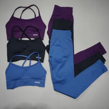 DFDK Women Seamless 2Pcs Workout Suit Tie Back Sports Underwear High Waist Stretch Tight Leggings Outdoor Fitness Running Outfit