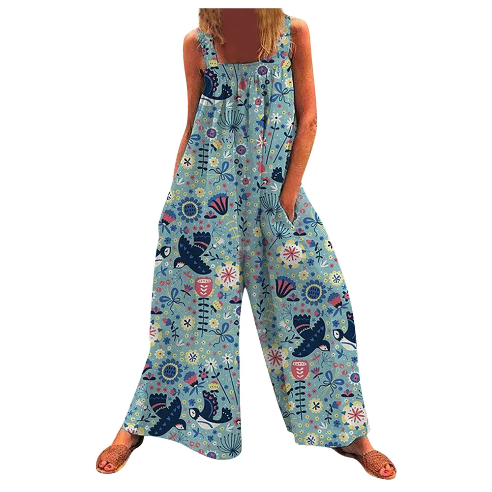 Women's Jumpsuit Summer New Casual Fashion Sleeveless Square Neck Printed Loose Fitting Long Strap Wide Leg Pants