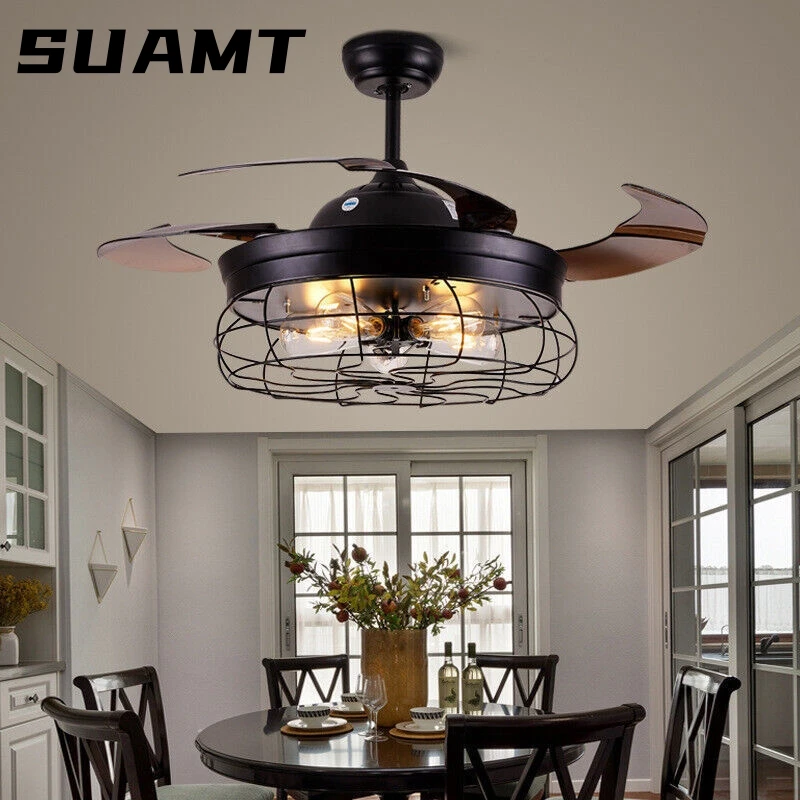 

Retro Living Room Fan Lamp 42" Fan Chandelier American Simple Creative Restaurant Rustic Cage Farmhouse Ceiling Fan Light