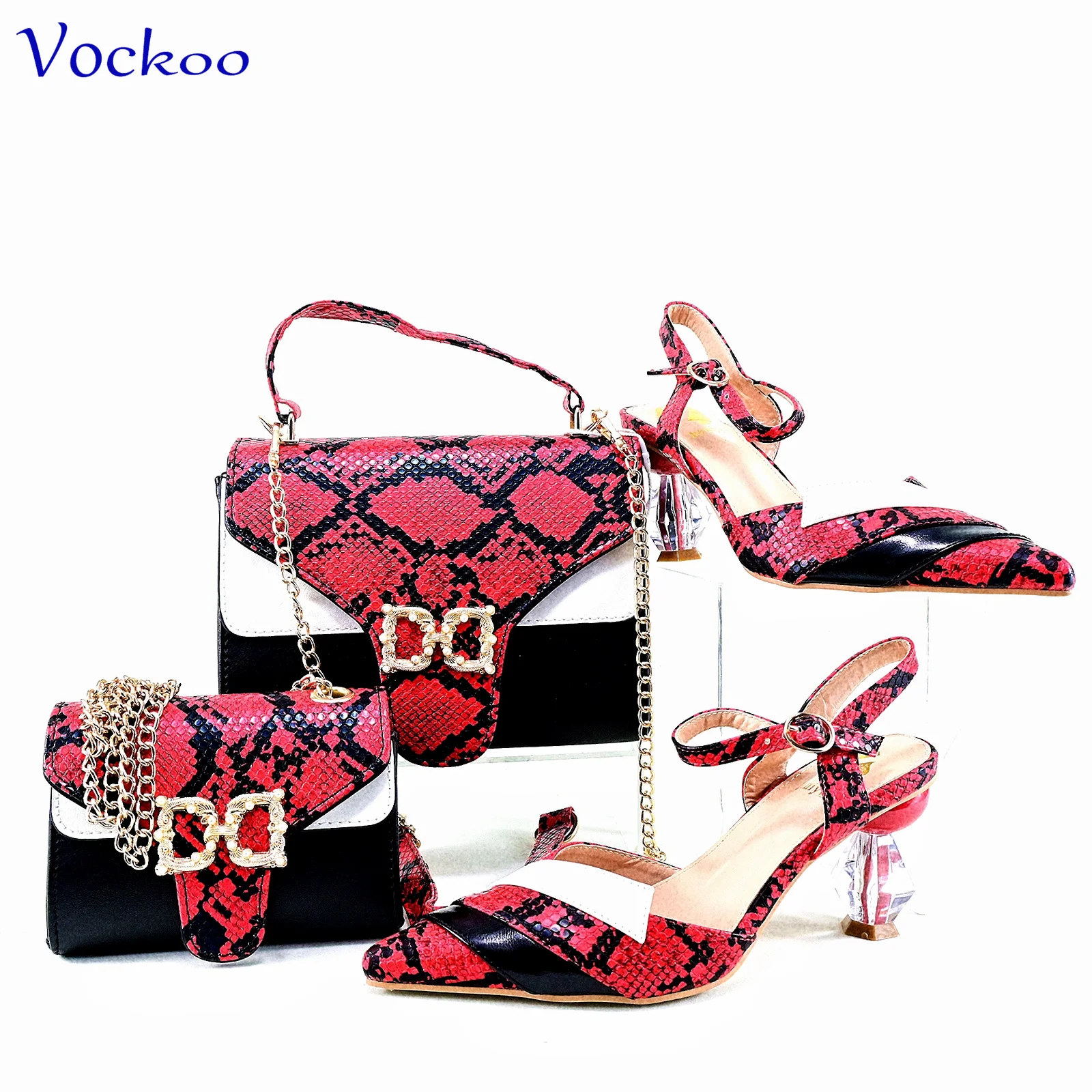 

Newest 2024 Spring Nigerian Women Shoes and Bag to Match in Red Color Square Heels Pointed Toe Classics Pu Pumps for Party