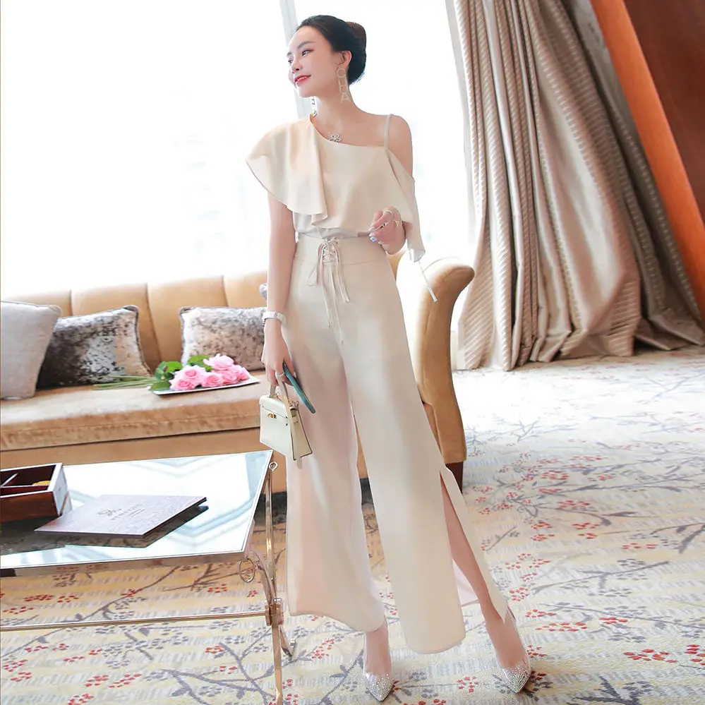 

Women Sexy Off Shoulder Blouse Top + Trousers 2022 Summer Fashion 2 Pieces Suits Ladies Side Split Wide Legs Pants Suit Set