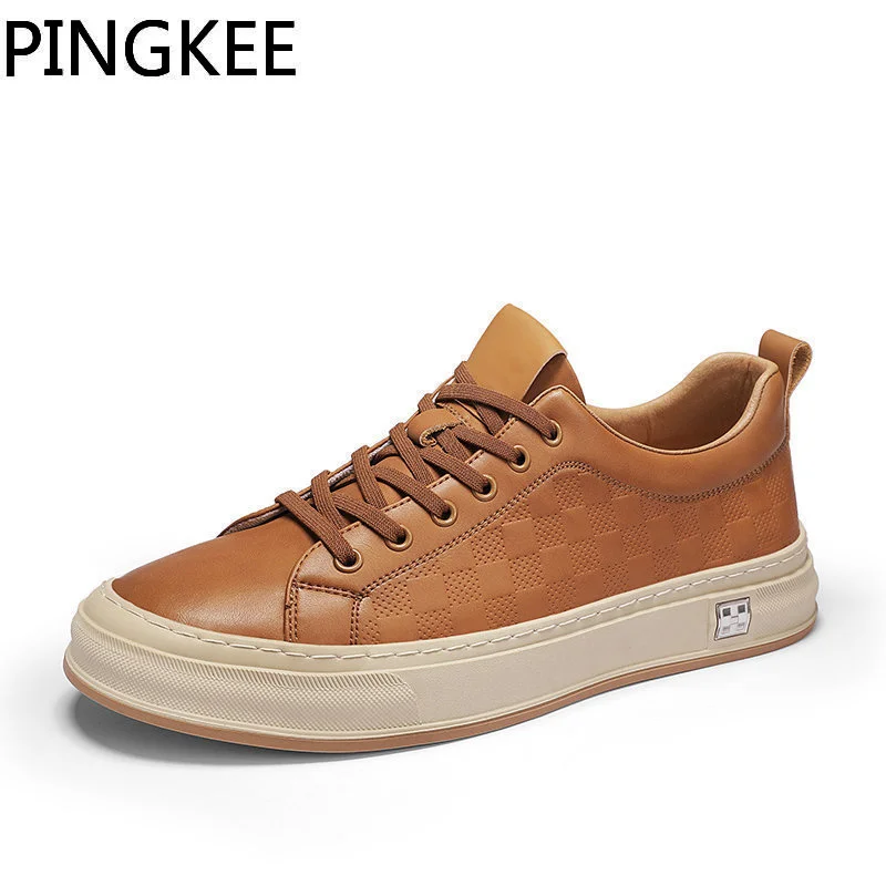 

PINGKEE Lace Up Leather Casual Light Breathable Comfortable Men's Shoes Man Sneakers Fashion Light Soft Shoes For Men Sneakers