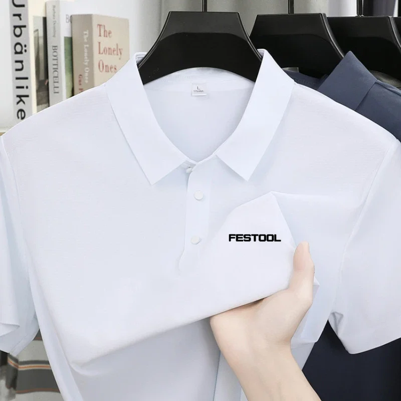 Polo stampata alla moda a maniche corte in seta ghiaccio, comoda maglietta da uomo estiva casual traspirante a tinta unita con risvolto - immagine 4