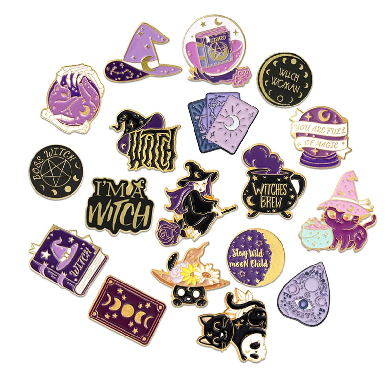 Mago Broches Emblemas de Metal para Bruxa, Magic Hat, Cristal Roxo,  Feitiço, Livro, Lua, Estrela, Gato