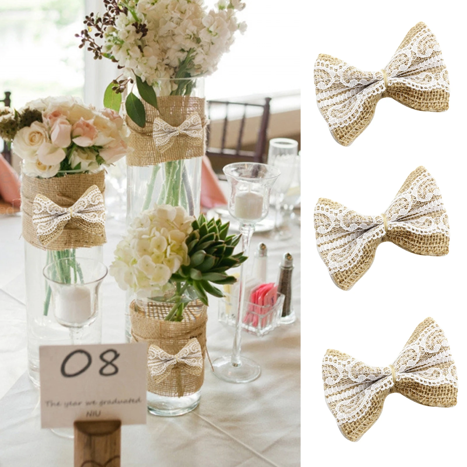 

10pcs/Pack wedding decoration Natural Jute DIY Ribbon Bow Knot Burlap Hessian Flower Party Burlap Scrap-booking Lace Craft