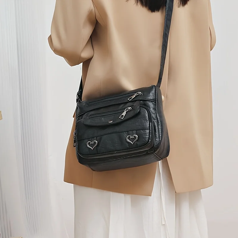 Women's Brown Black Pu Leather Shoulder Messenger Bag with Heart and Tassel Embellishments - Adjustable Strap, Zipper Closure