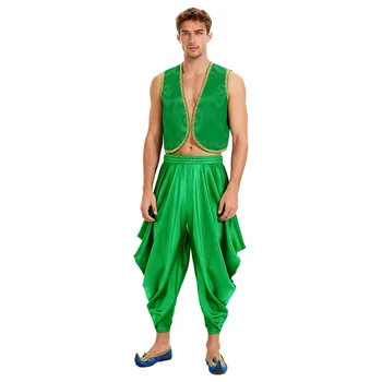 Costume da gioco di ruolo da principe indiano folclorico arabo di carnevale da uomo, set di gilet lucido e pantaloni harem per uniformi da festa di rave di Halloween