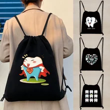 

Foldable Canvas Drawstring Backpack Eco-friendly Shopping Bag Teeth Series for Gym Workout Outdoor Running Travel School Bags