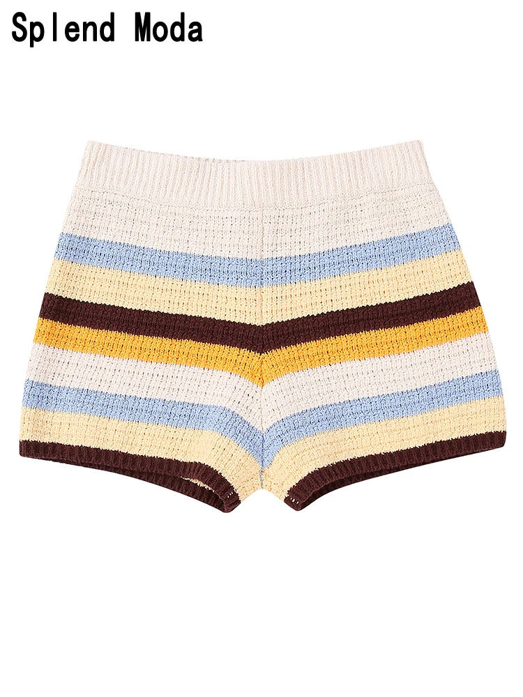 

2023 Women Summer Fashion Sweet Striped Elastic Knitted Shorts Sexy Mid Waist Chic Slim Short Pants TRAF Pantalones Cortos Mujer