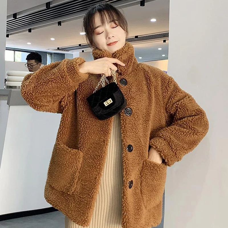 

Осеннее дизайнерское модное пальто из искусственного меха, осенняя женская верхняя одежда с длинным рукавом, абрикосового цвета, свободная повседневная синяя шерстяная куртка в Корейском стиле, новинка