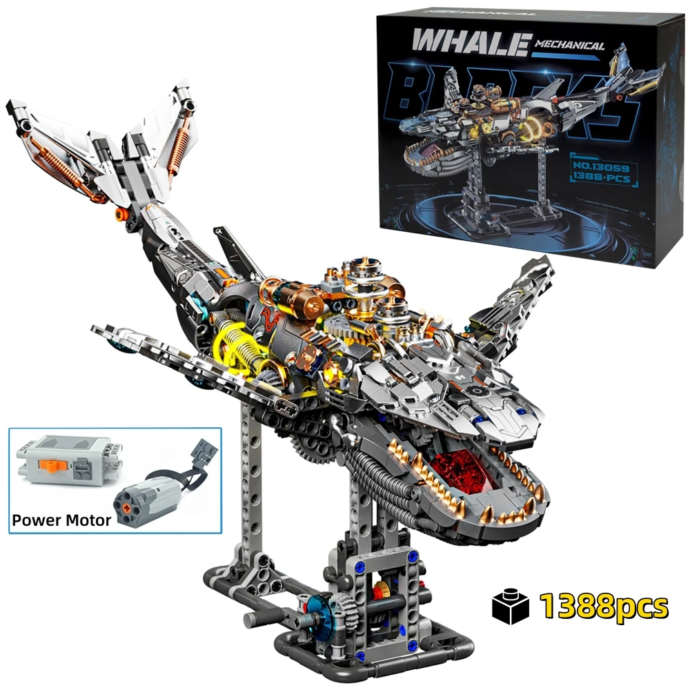 FUNXINEE 1388Pcs Ocean Life Mechanical Whale Blocks With Light Power Module Bionic Motion Creative Ornament MOC Gift Box