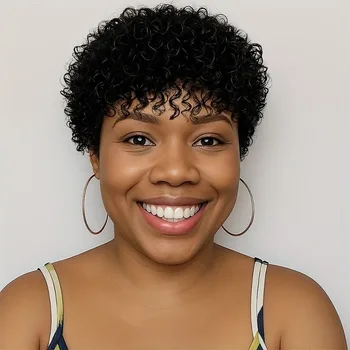 Parrucca per capelli umani ricci afro crespi con frangia Parrucca brasiliana Remy da 4 pollici con taglio pixie Parrucca piena fatta a macchina per le donne