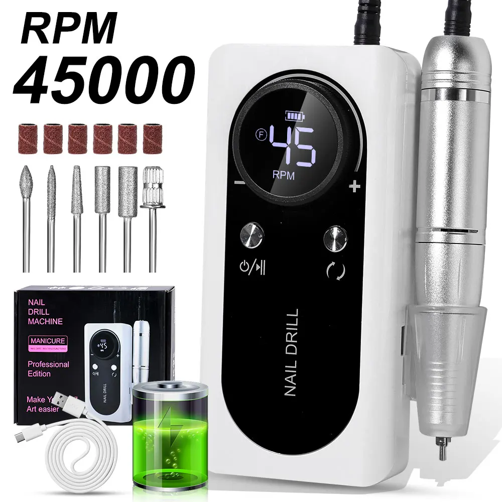 Electric Nail Drill 45000RPM Professional Rechargeable Low Noise Sander File for Manicure Salon Tool