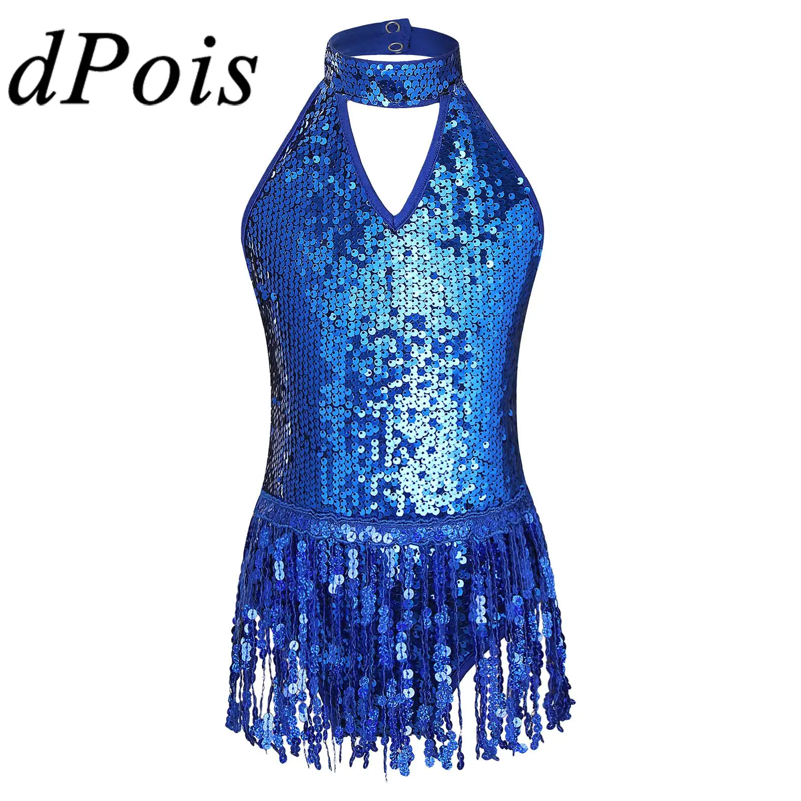 

Kids Girls Latin Dance Fringed Dress Teens Shiny Sequins Sleeveless Tassel Leotards for Chacha Tango Jazz Dancing Dancewear