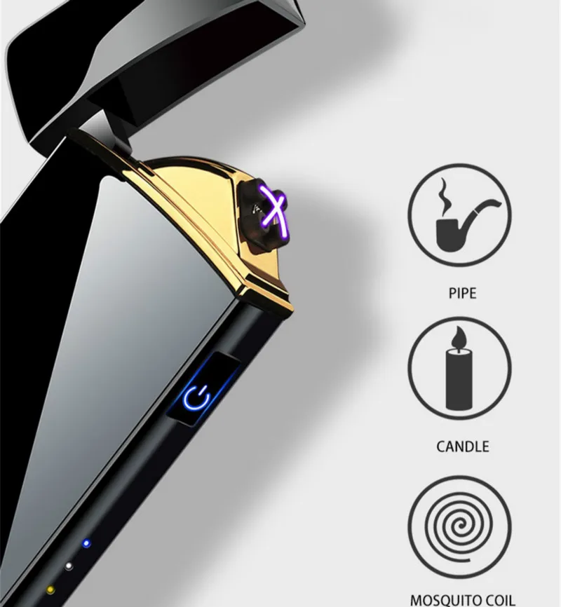 Windproof Metal Flameless Electric Lighter Dual Arc Plasma USB Lighter LED  Power Display Touch Induction Lighter