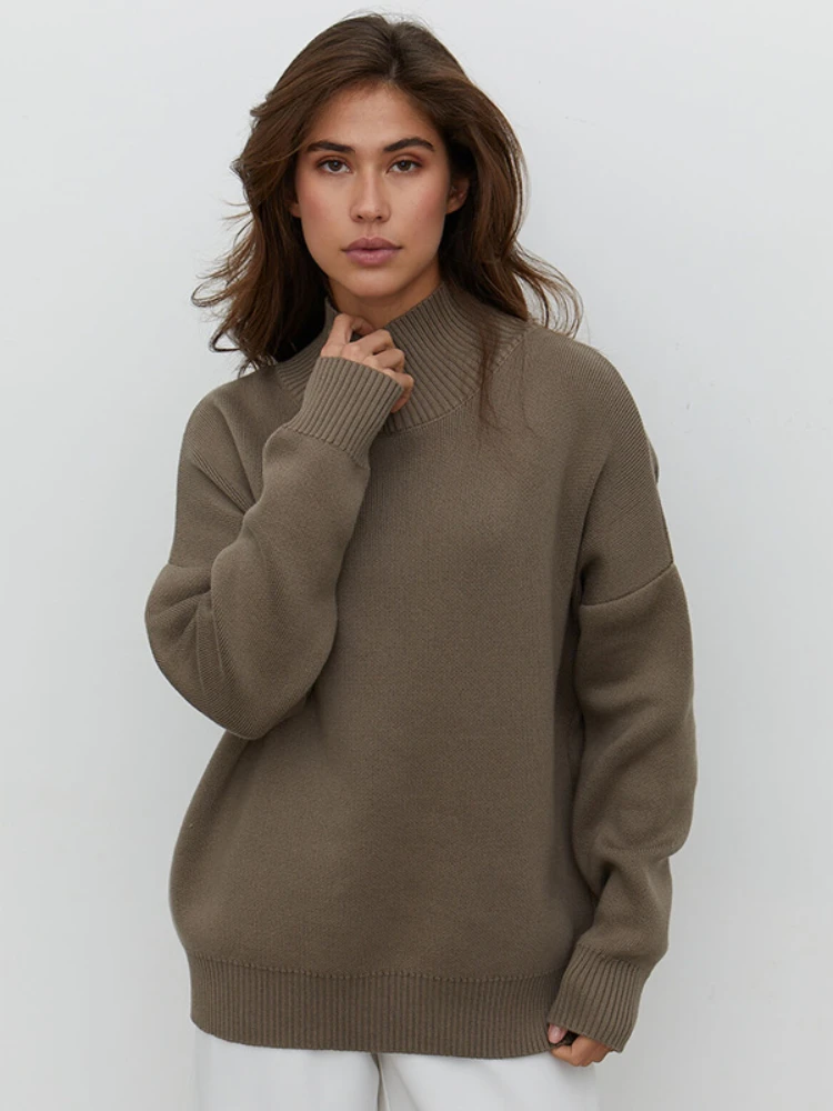 

2023 New European and American Autumn Winter Women Clothing Fashion Joker Solid Loose Warm Mock Neck Knitted Pullover Sweater